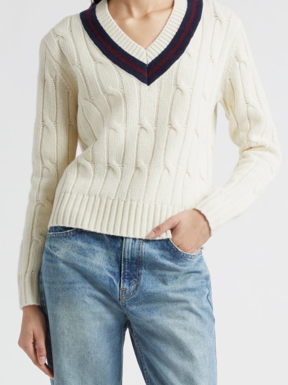~Nili Lotan *NEW *Fabiana,Cream Cable V-Neck Wool Sweaterw*Navy&*Red Trim